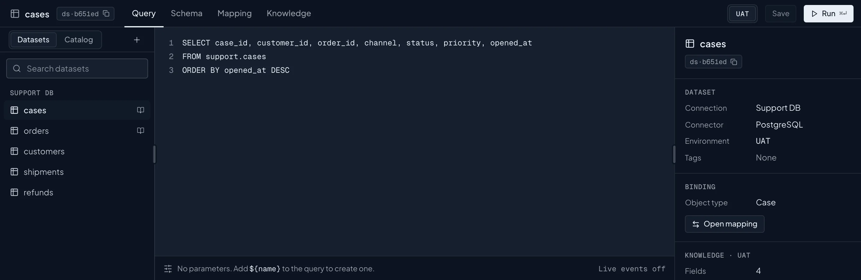 A dataset in Studio: a query reads a cases table, and the inspector shows its connection, the UAT environment, and its mapping to the Case business object.