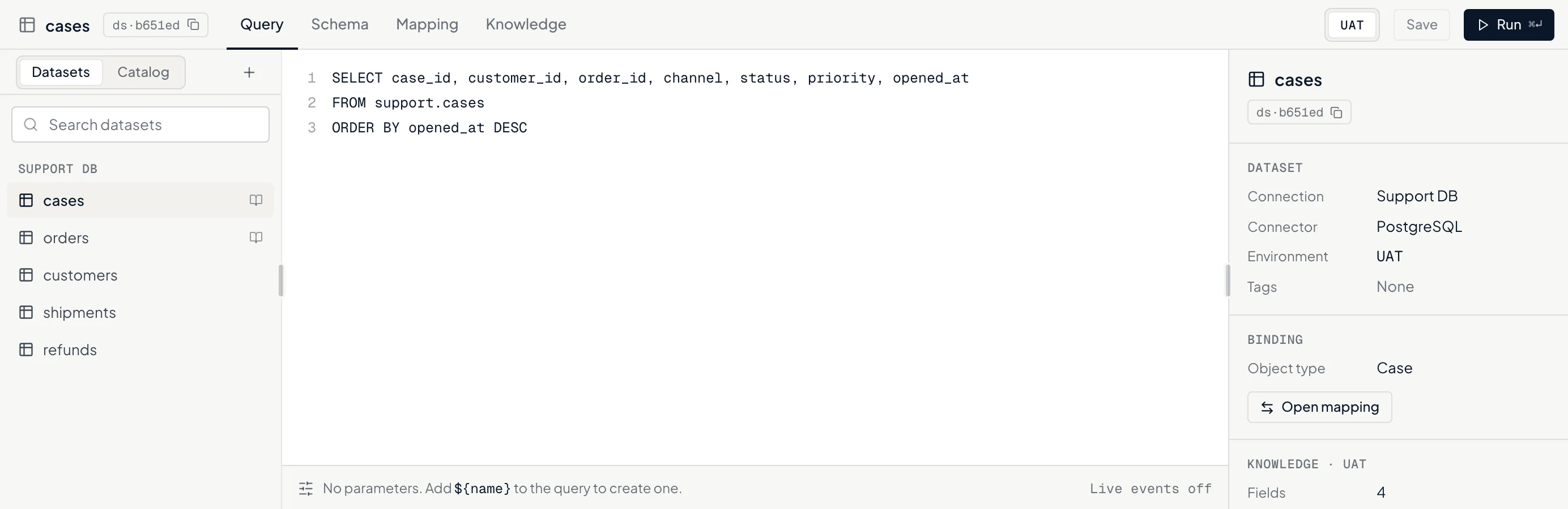 A dataset in Studio: a query reads a cases table, and the inspector shows its connection, the UAT environment, and its mapping to the Case business object.