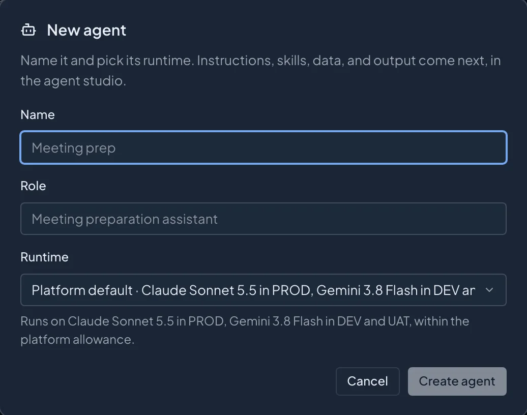 Creating an agent in Studio: a name, a role, and the runtime it uses in production and in testing.