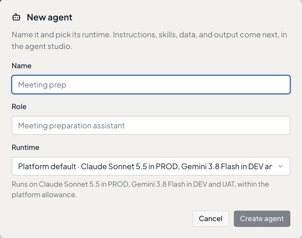 Creating an agent in Studio: a name, a role, and the runtime it uses in production and in testing.